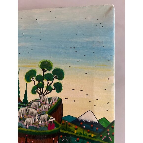 Vintage Alberto Vega Peruvian Folk Art Animal Hide Painting Bright Mid Century - Picture 5 of 11